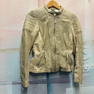 S. Oliver 4 Tan Leather Biker Jacket Indie Boho Chic Edgy Coastal Preppy Casual